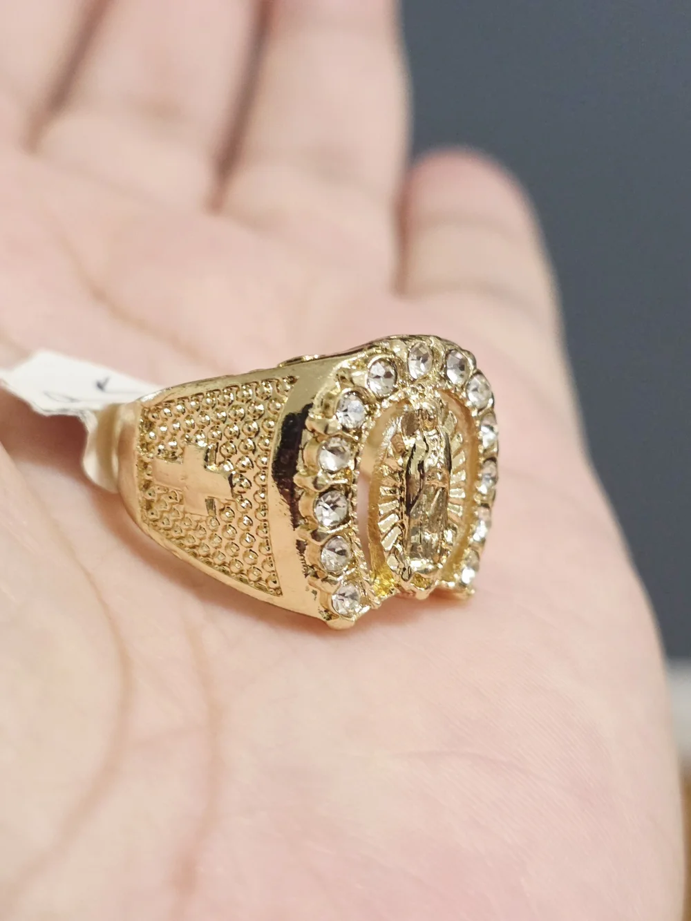 Gold-Tone Virgin Mary Ring with Clear Crystal Accents